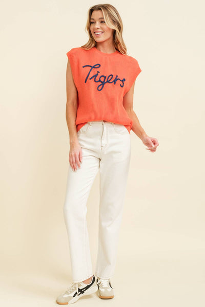 'TIGERS" EMBROIDERED SLEEVELESS SWEATER TOP