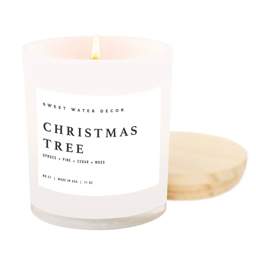 Christmas Tree Candle in White Jar with Wood Lid