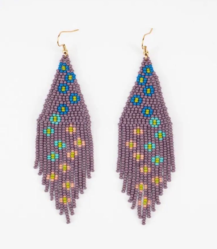 flower seed bead earrings Altiplano Purple Beaded Flower Fringe Earrings