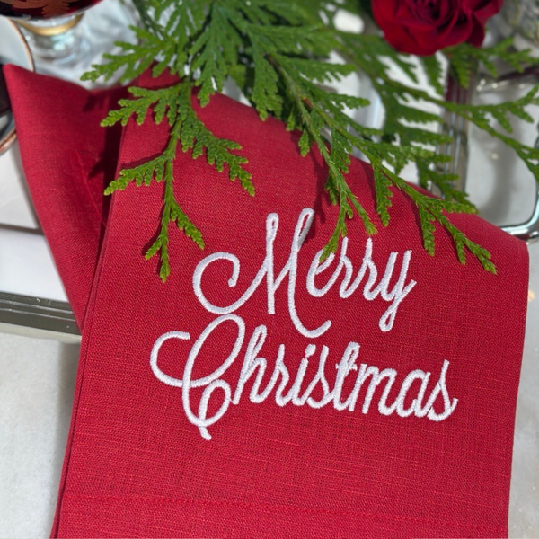 Merry Christmas Linen Towel - Christmas/Holiday: White