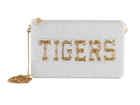 White and Gold “Tigers” Beaded Crossbody