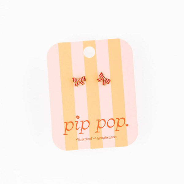 Striped Bow Stud Earrings - Hypoallergenic, Flat Back, Girl : Pair
