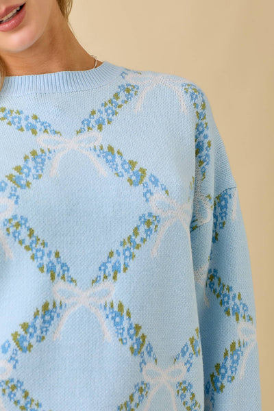 Coquette Ribbon With Floral Print Sweater Knit Top: PINK