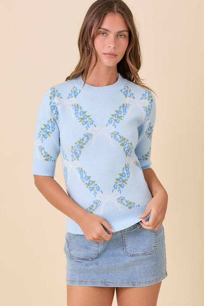 Floral Ribbon Print Sweater Knit Top: BLUE