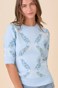 Floral Ribbon Print Sweater Knit Top: BLUE
