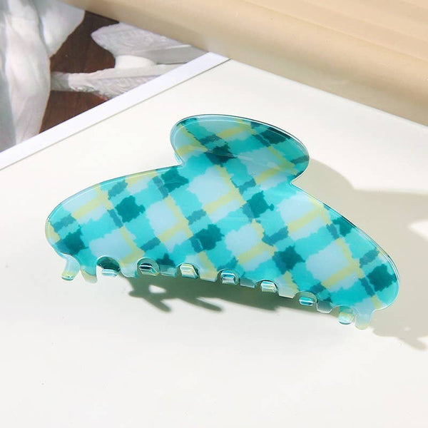 LARGE CHECKER OVAL HAIR CLAW CLIPS Mint/Blue