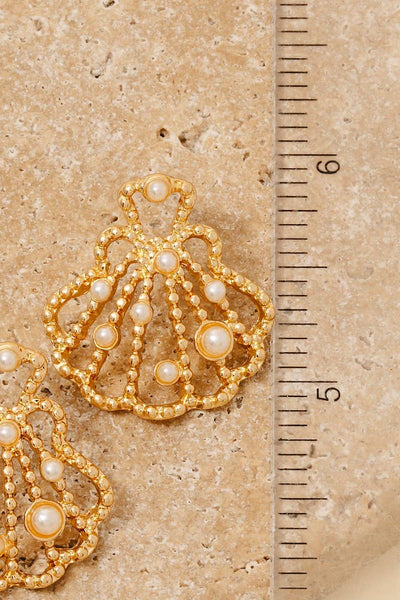 Pearl Studded Metallic Clam Shell Stud Drop Earrings:
