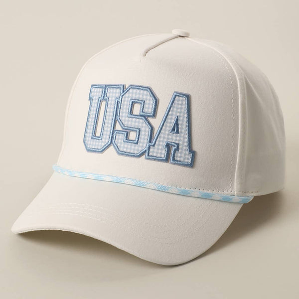 USA Gingham Embroidered Patch Rope Trucker Hat: LT BLUE / One Size