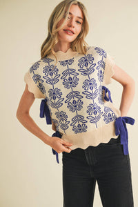 MOCK NECK FLORAL SWEATER VEST CROWN BLUE