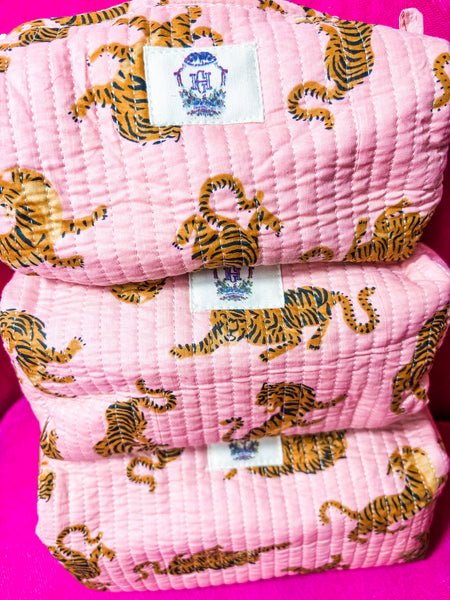 Dainty Pink Tiger Quilted Cosmetic Bags-set of 3