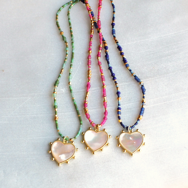 Unity Beaded Necklace with Heart Pendant - Choose your color: Navy / 16 inch + extender