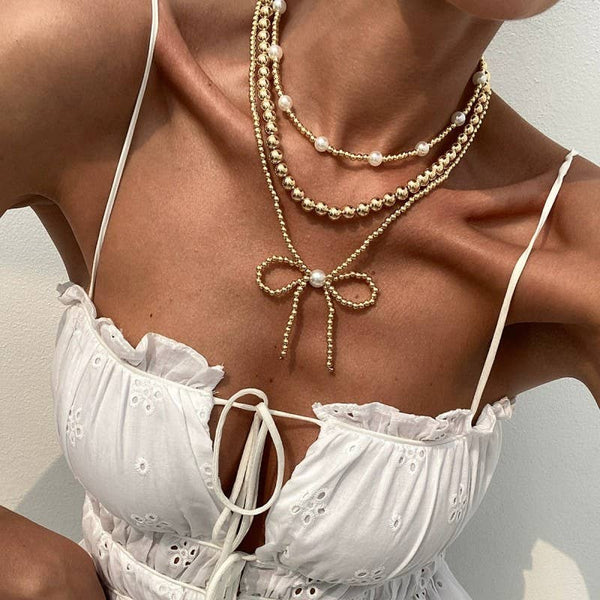 MULTILAYER BALL CHAIN BEAD PEARL BOW NECKLACE GOLD