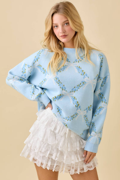 Coquette Ribbon With Floral Print Sweater Knit Top: PINK