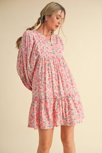 EXCLUSIVE PRINT PUFF SLEEVE TIERED BABYDOLL DRESS Camel Multi Paisley