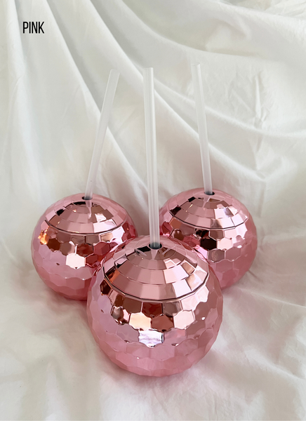 Pink Disco Ball Cup with Clear Straw
