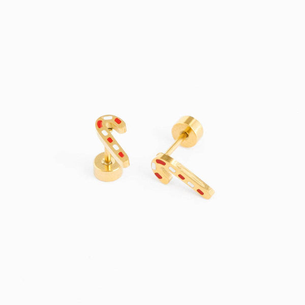 Candy Cane Stud Earrings - Hypoallergenic, Flat Back, Girl : Pair