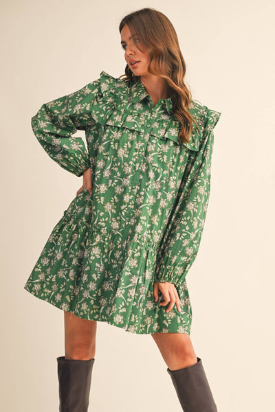 RUFFLE TRIM BUTTON DOWN MINI DRESS Deep Green Floral