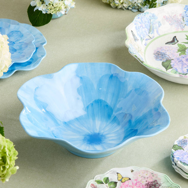 Wildflower Blue Melamine  3-D Floral Deep Bowl 14.5in
