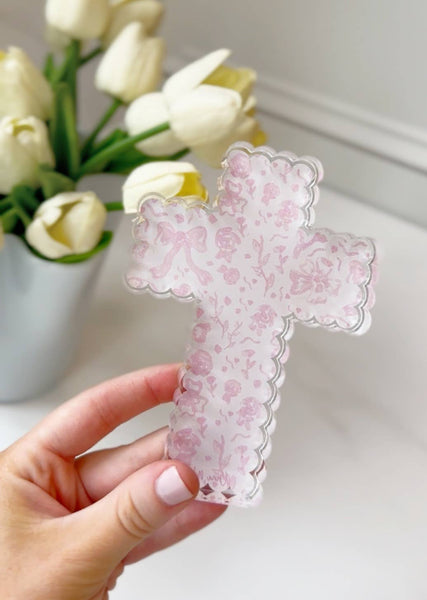 Scalloped Acrylic Cross Blocks : Pink Chinoiserie Cross