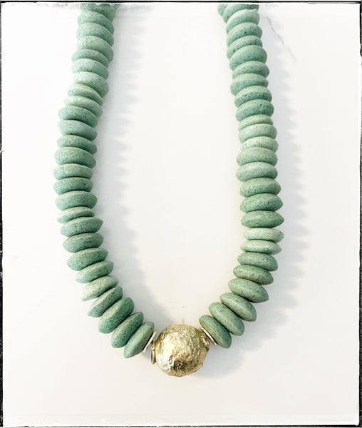 Recycled Glass Short Necklace Brass Ball Pendant Green