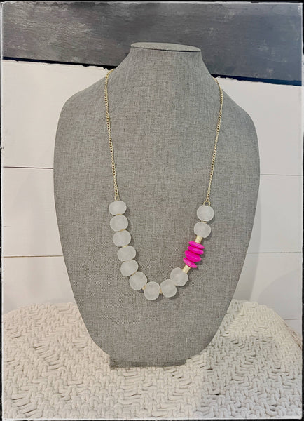 Long Chain Necklace- Recycled Glass & Pink African Bone Bead