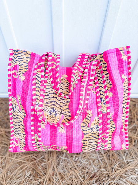 Pink Eye of The Tiger | Large Quilted Tote Bag  