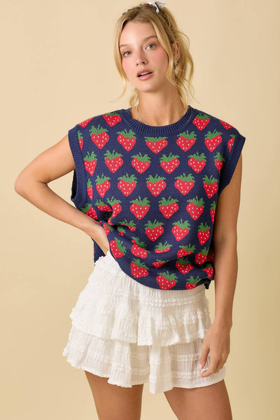 Strawberry Oversized Sleeveless Sweater Knit Top: NAVY