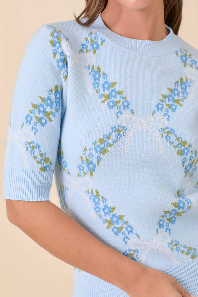 Floral Ribbon Print Sweater Knit Top: BLUE