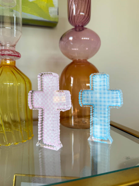 Mini Plaid Acrylic Cross Shelfie: Blue