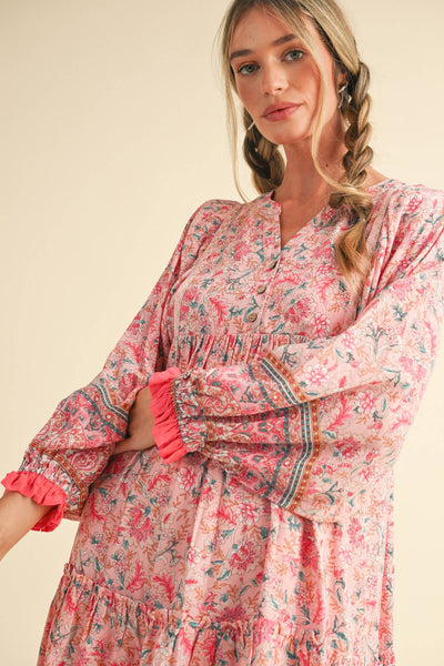 EXCLUSIVE PRINT PUFF SLEEVE TIERED BABYDOLL DRESS Camel Multi Paisley