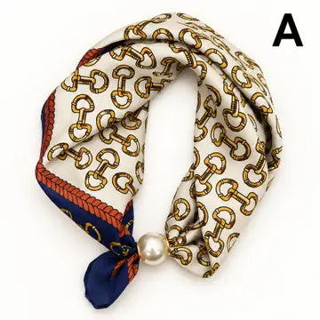 Small Silk Scarf and Pearl Clasp Necklace