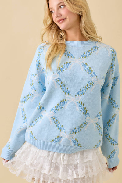 Coquette Ribbon With Floral Print Sweater Knit Top: LIGHT BLUE