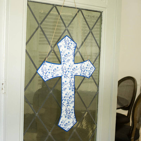 Aldridge Garden Cross Door Hanger   Blue/White   22.75x16