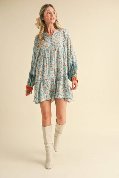 EXCLUSIVE PRINT PUFF SLEEVE TIERED BABYDOLL DRESS Camel Multi Paisley