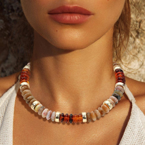 Chunky Resin Disc Beaded Necklace: Gold Gray