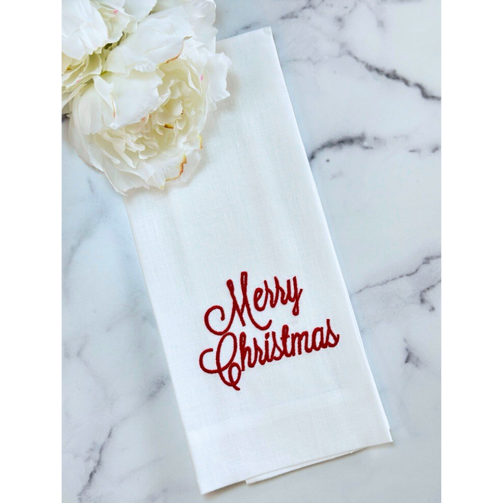 Merry Christmas Linen Towel - Christmas/Holiday: White