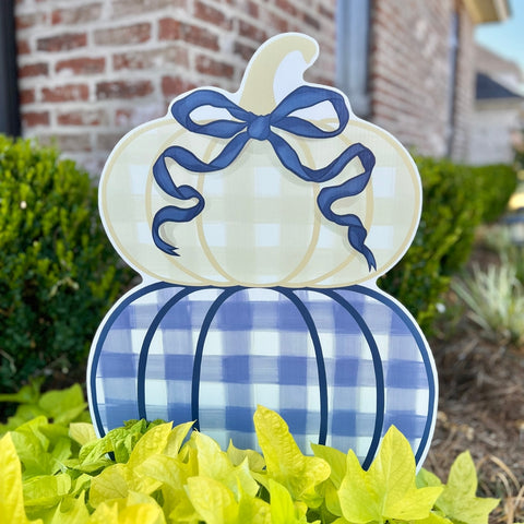 Navy and Khaki Plaid Stacked Pumpkins Yard Stake