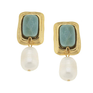 Susan Shaw Gold and Aqua Quartz Rectangle with Genuine Freshwater Pearl Clip Earrings (1224ac)