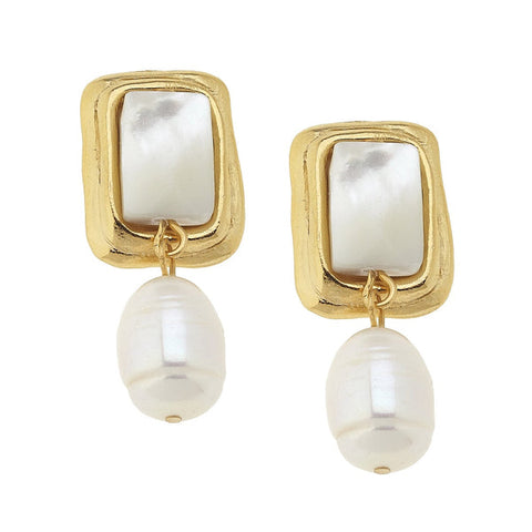 Susan Shaw Gold and Mother of Pearl Rectangle with Genuine Freshwater Pearl Clip Earrings (1224wc)