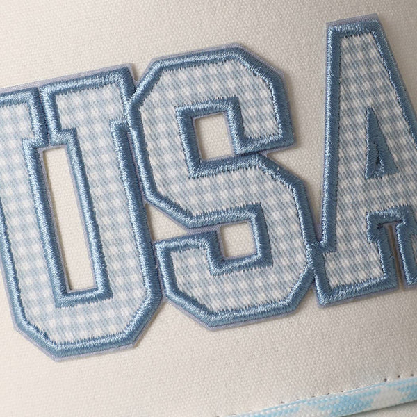 USA Gingham Embroidered Patch Rope Trucker Hat: PINK / One Size