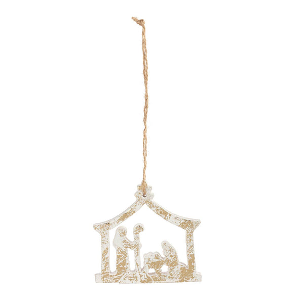 Nativity Scene Gold White Wood Ornament