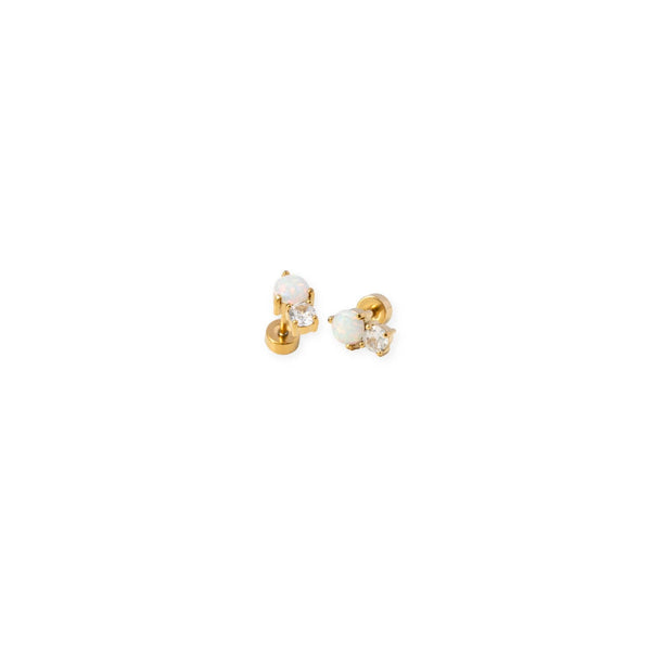 Opal Dual Stud Earrings - Hypoallergenic, Flat Back, Girl : Pair