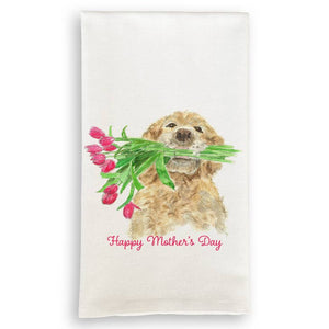 Dog Holding Flowers Happy Mother's Day Dish Towel
