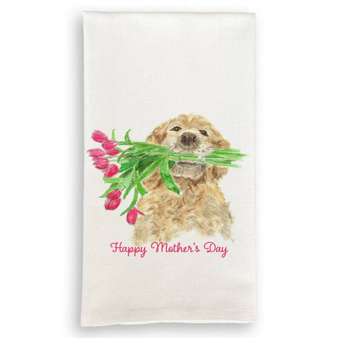 Dog Holding Flowers Happy Mother's Day Dish Towel