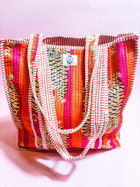 Pink and Orange Eye of The Tiger | Large Quilted Tote Bag