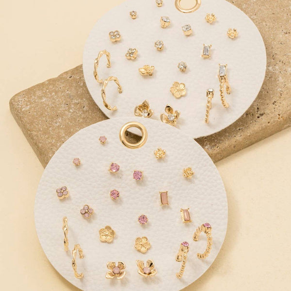 Ten Pair Assorted Flower Stud Earrings Set: GDPNK
