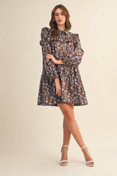 RUFFLE TRIM BUTTON DOWN MINI DRESS Deep Green Floral