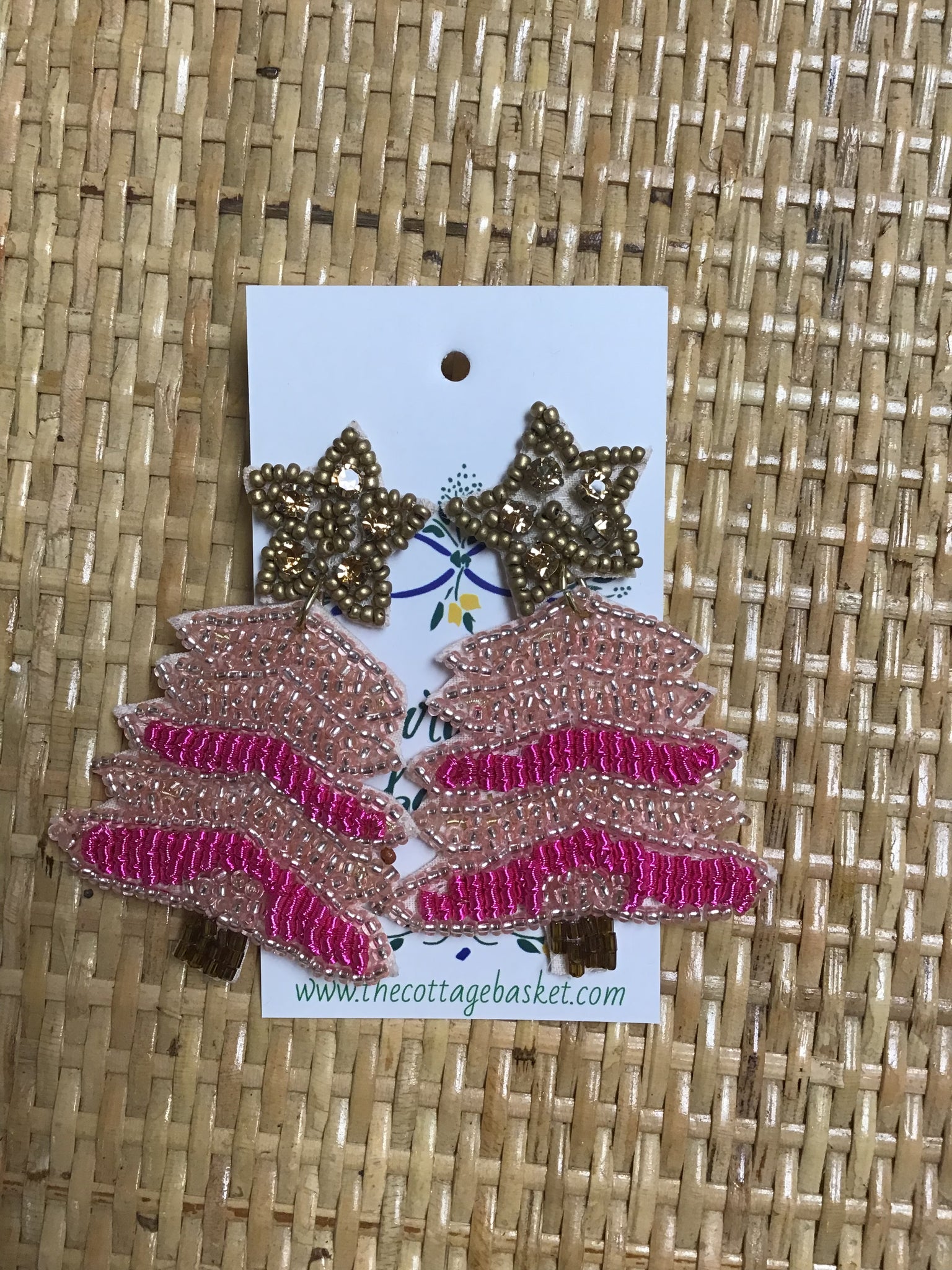 Hot Pink and Pale Pink Beaded Christmas Tree Earrings