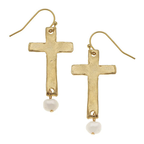 Susan Shaw Cross & Pearl Drop Earrings (1533WG)