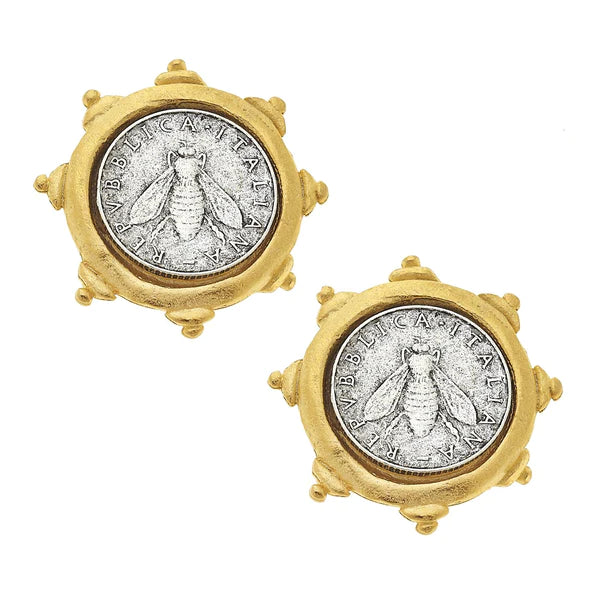 Susan Shaw Gold and Silver Italian Bee Coin Clip Earrings (1613bc)